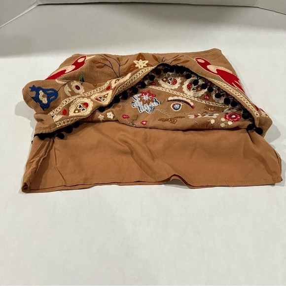 Umgee Embroidered Mini Skirt Women's Small Brown Boho Pom Pom Bird Floral - Picture 8 of 13